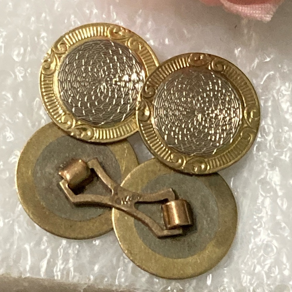 Antique 10K Edwardian Art Deco Double-sided Disc 2Tone Gold GUILLOCHE Cuff Links - Picture 3 of 4